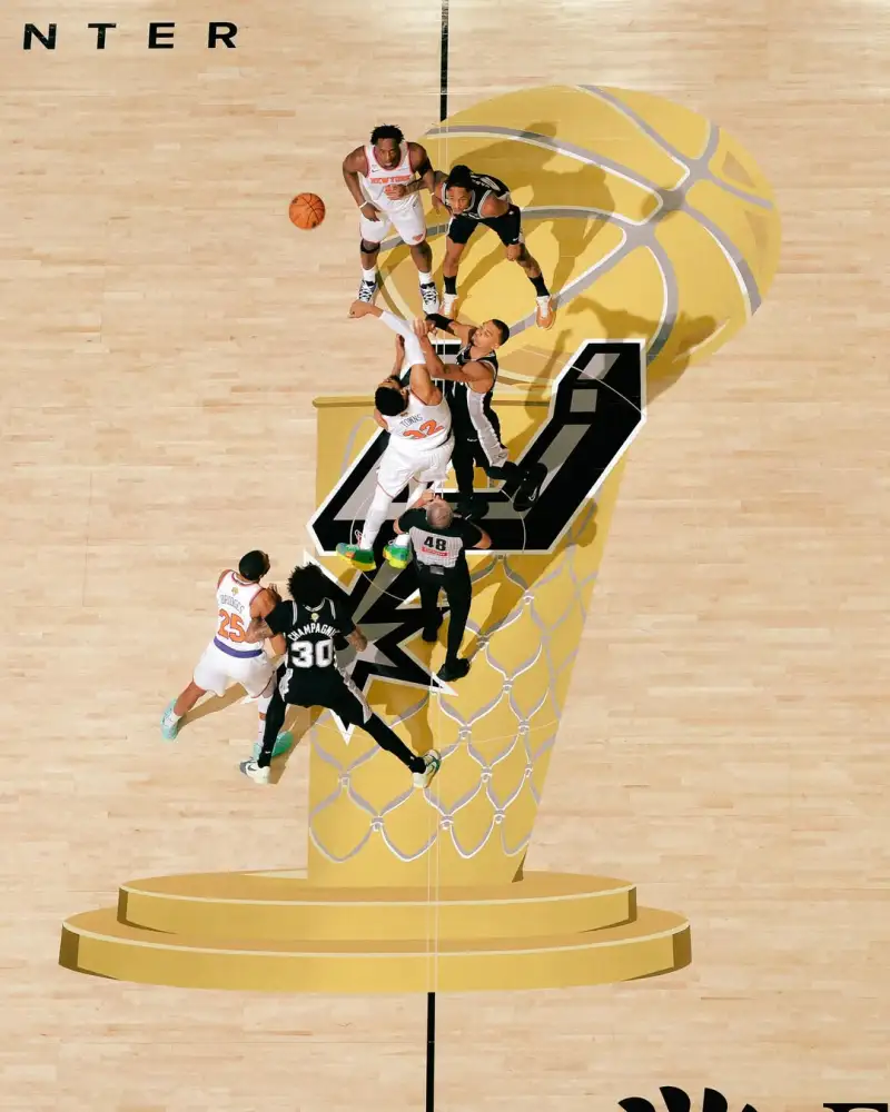 NBA官方晒本场比赛球场中央跳球鸟瞰图:总决赛正在进行中